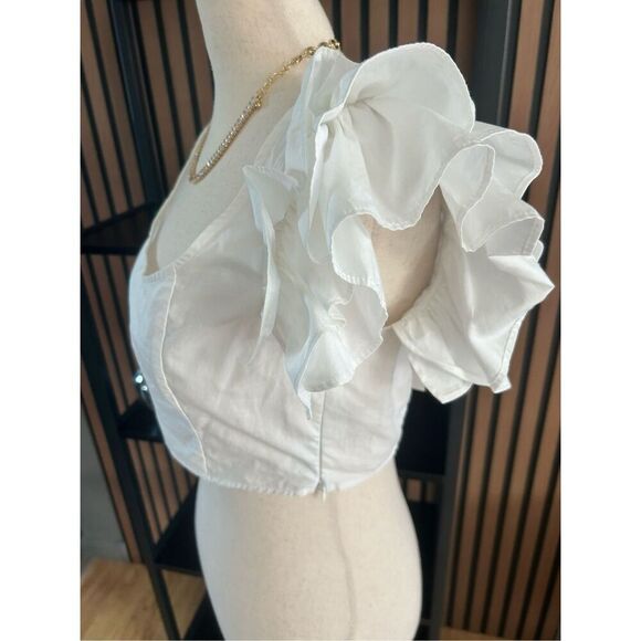 ZARA Poplin Puff Sleeve Button Crop Top white size medium - Picture 3 of 4